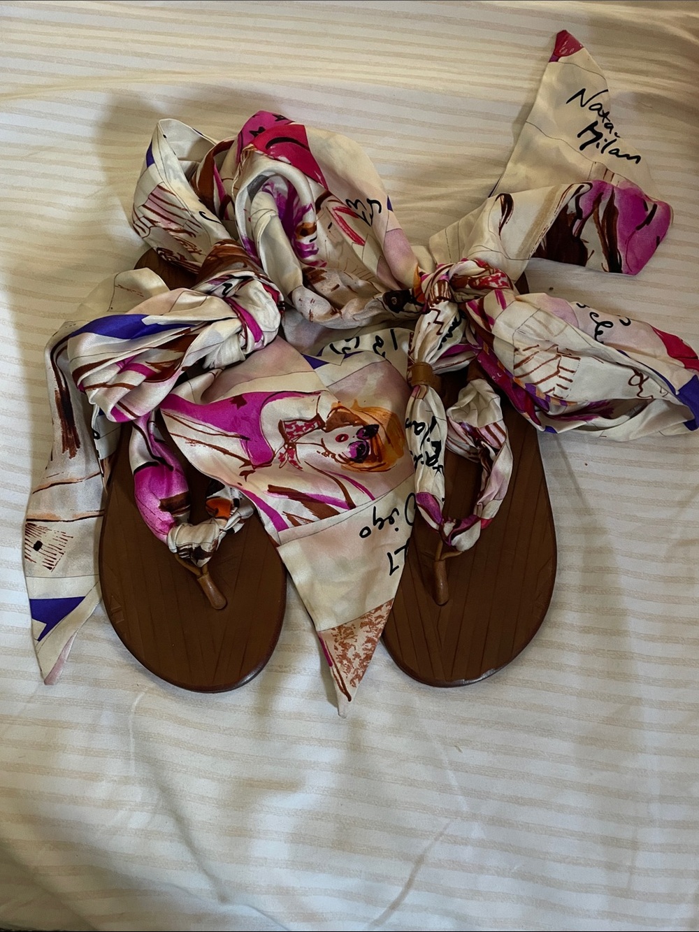 henri bendel Brown Sandal with Pink & Purple Scarf Wraps